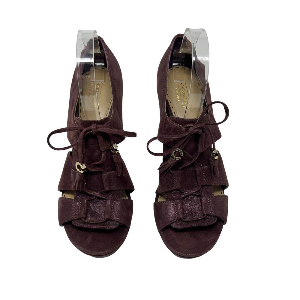 Coach Teagan Shimmer Leather Heeled Sandal Merlot Purple Lace Up Size 10